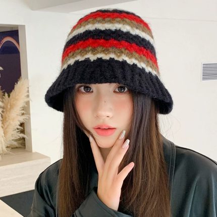 Women's Autumn Winter Color Block Knit Bucket Hat - Korean Style Windproof Wide-Brim Hat