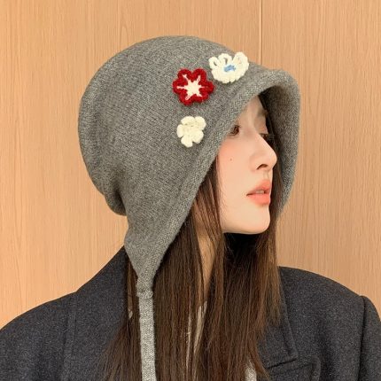 Korean Style Flower Knit Bucket Hat - Women's Autumn Winter Cute Face-Flattering Wide-Brim Hat