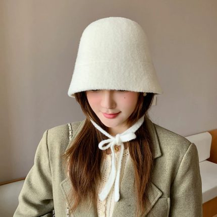 Japanese-Korean Style Autumn Winter Women's British Retro Wide-Brim Hat - Classic Plush Windproof Bucket Hat