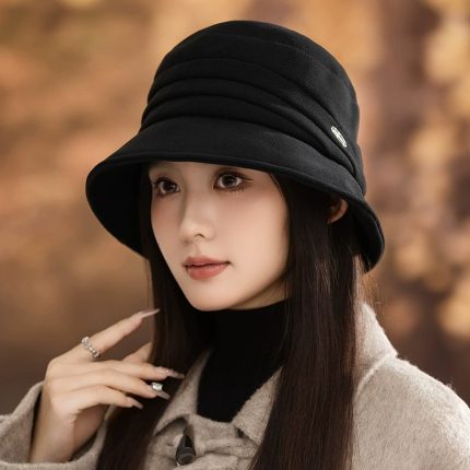 Japanese Style Literary Retro Pleated Bucket Hat - Women's Autumn Winter Windproof Wide-Brim Hat