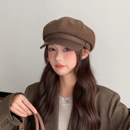 Autumn Winter New Style Letter Octagonal Hat, Japanese Artistic Retro Versatile Painter Beret, Large Head Circumference Duckbill Hat